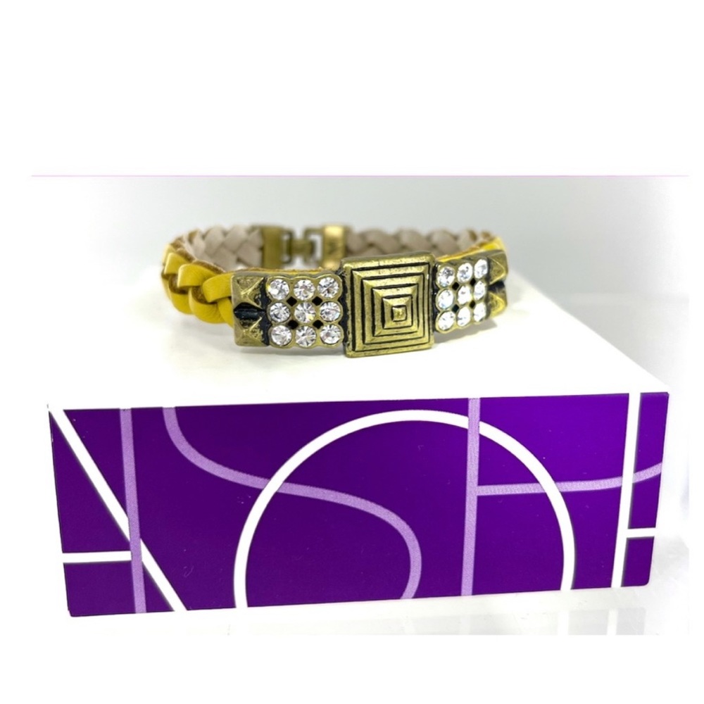 Lia Sophia Mustard Yellow and Rhinestone Woven Leather Bracelet
